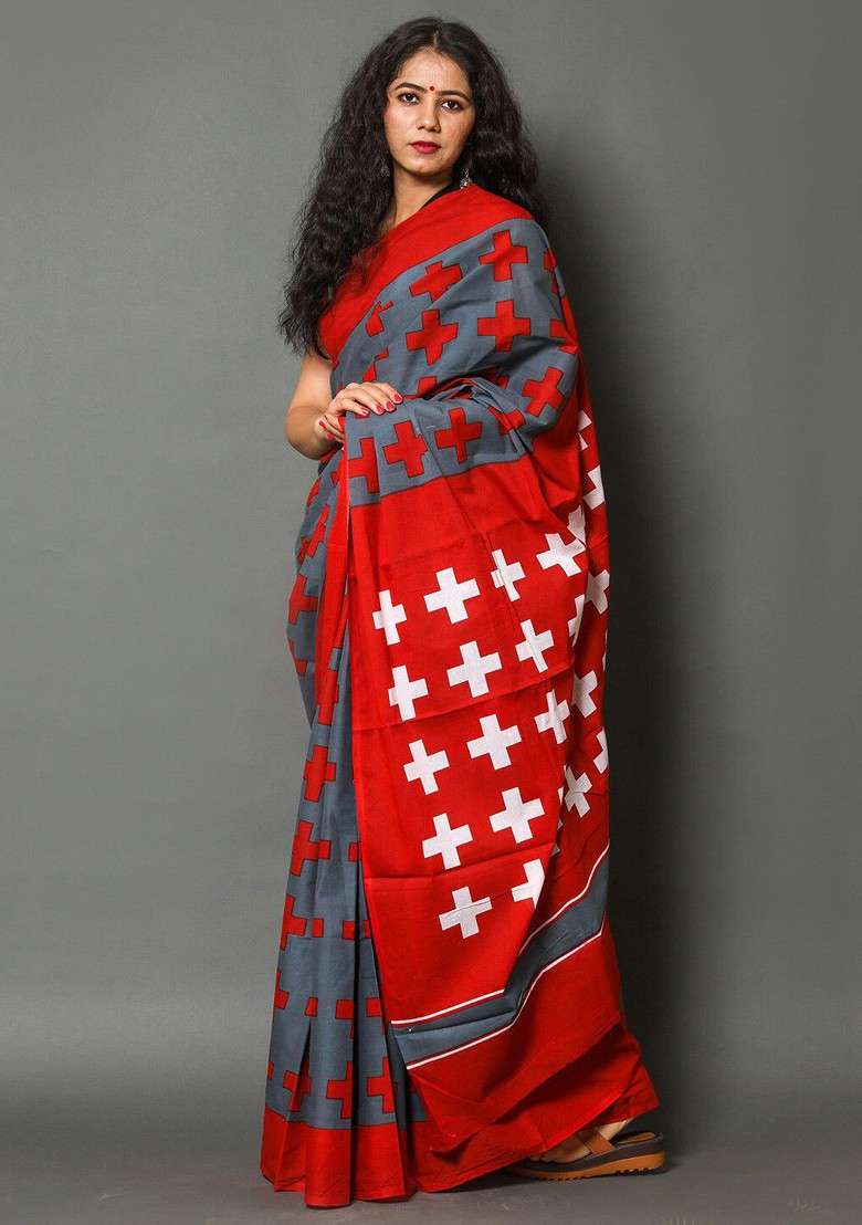Grey Printed Blended Saree Set - Indya