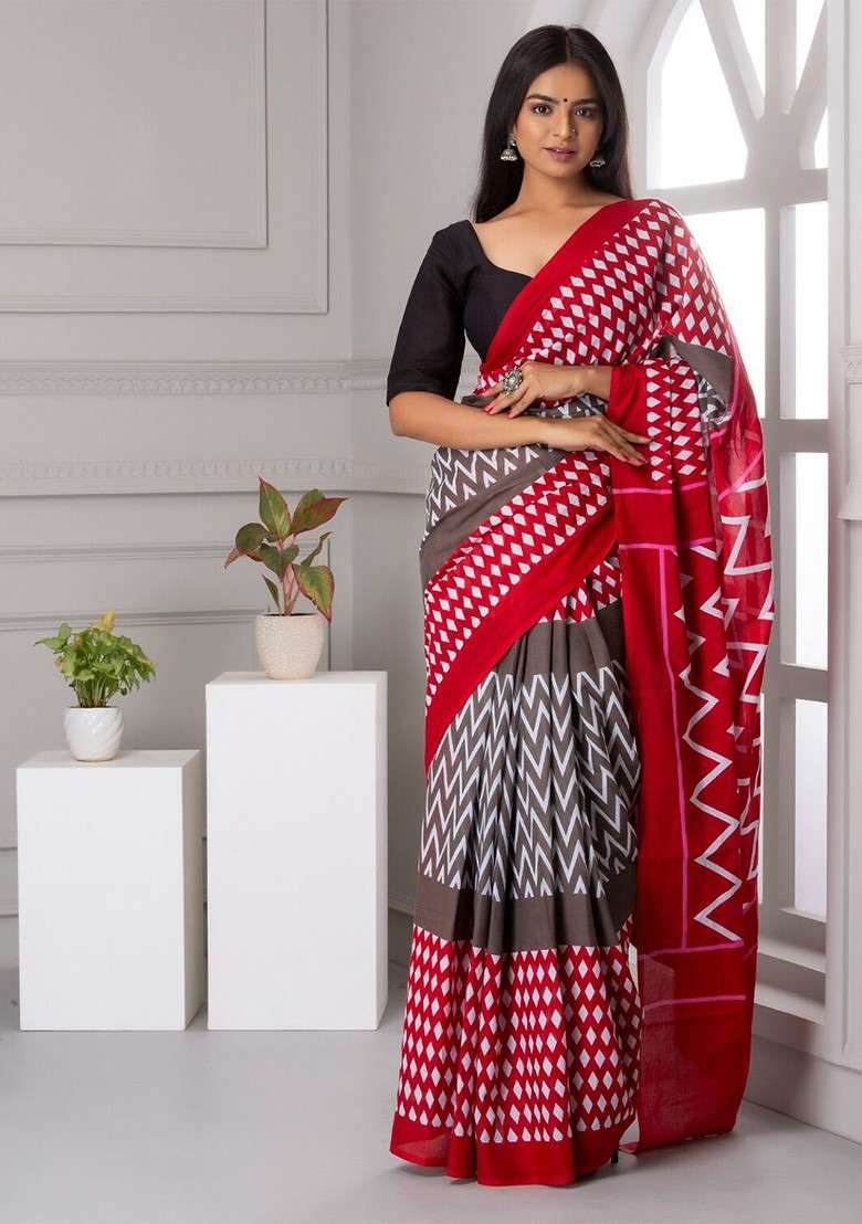 Red Printed Blended Saree Set - Indya
