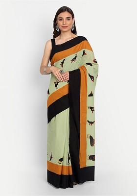 Green Printed Blended Saree Set