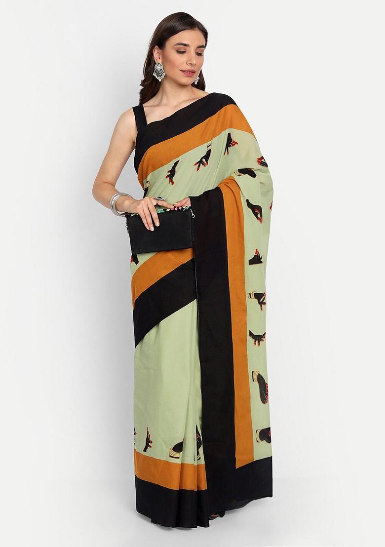 Green Printed Blended Saree Set - Indya