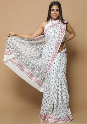 White Printed Blended Saree Set