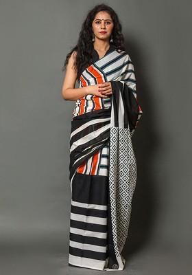 White Embroidered Blended Saree Set