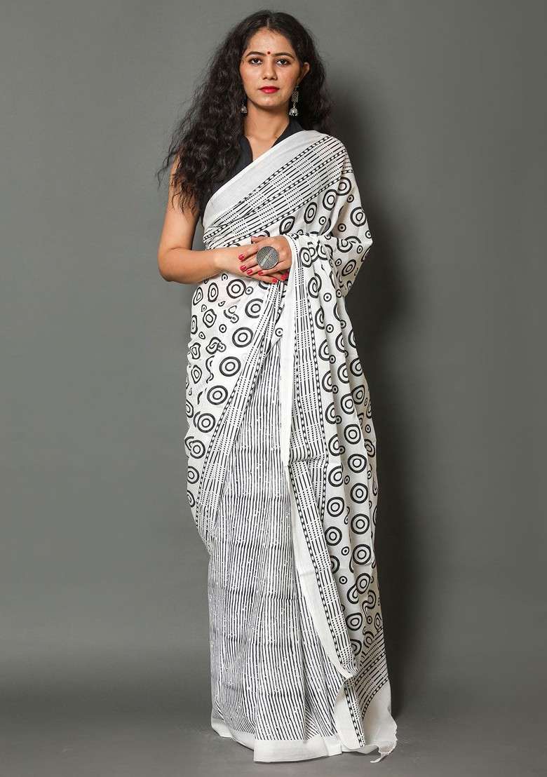 White Printed Blended Saree Set - Indya