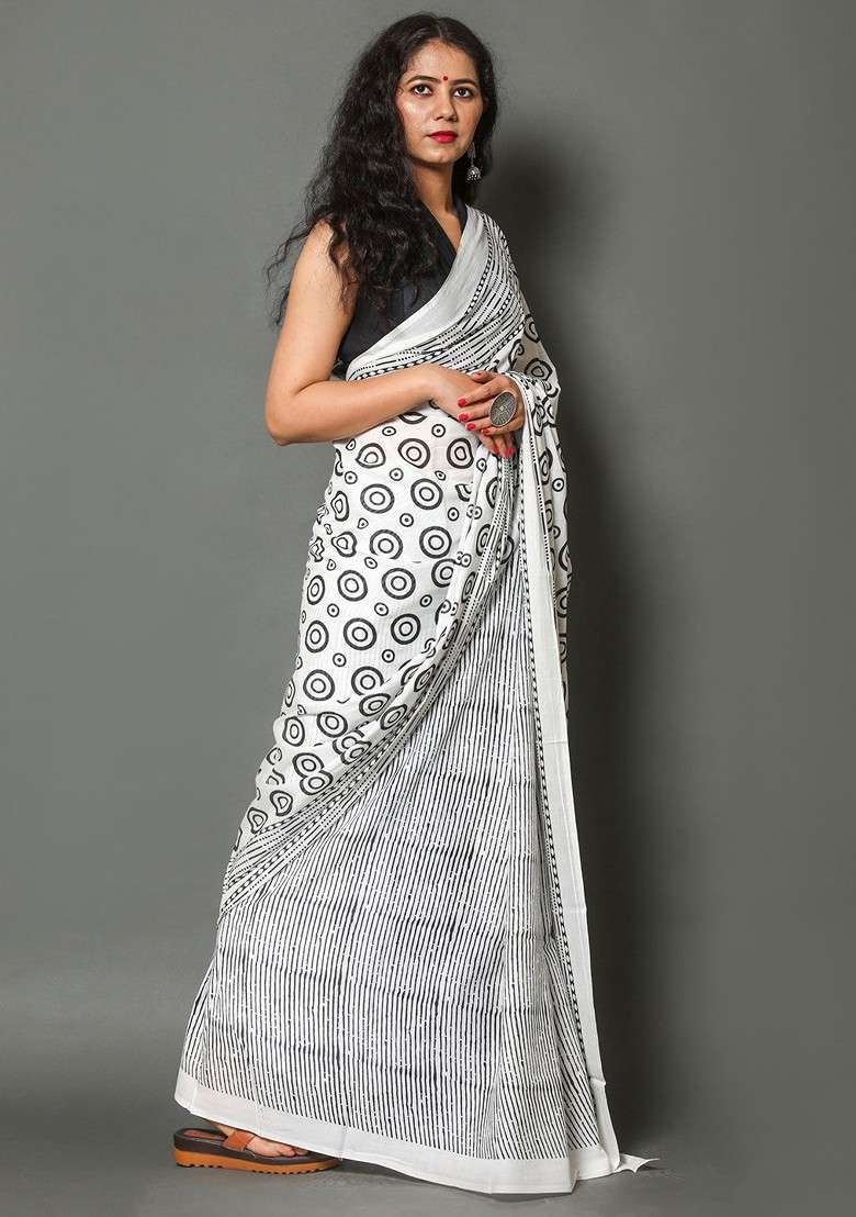 White Printed Blended Saree Set - Indya