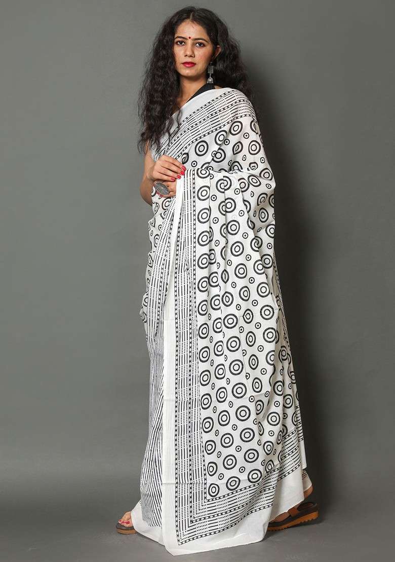 White Printed Blended Saree Set - Indya