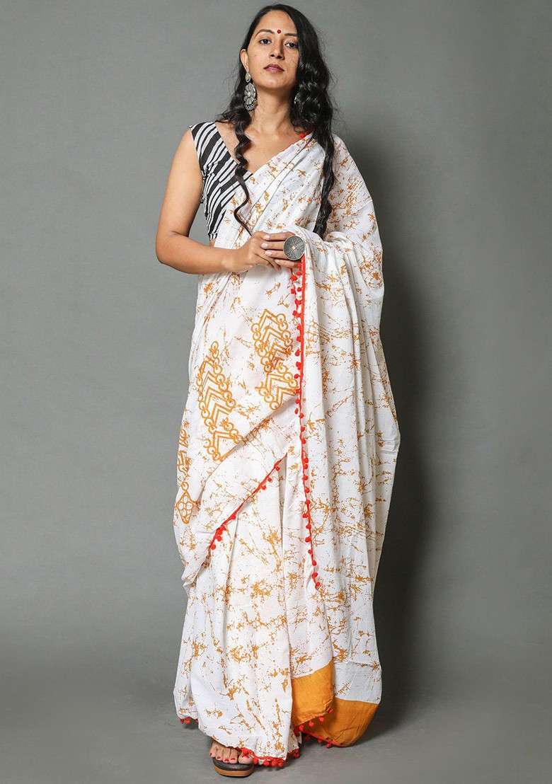 White Printed Blended Saree Set - Indya
