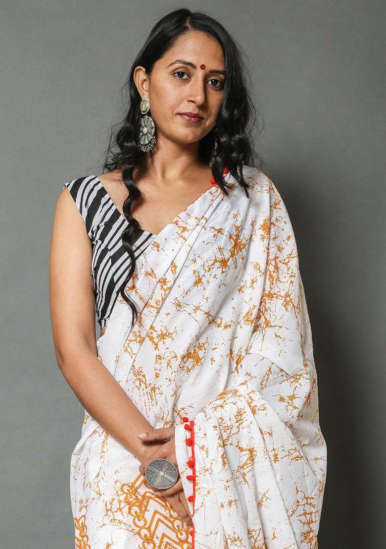 White Printed Blended Saree Set - Indya