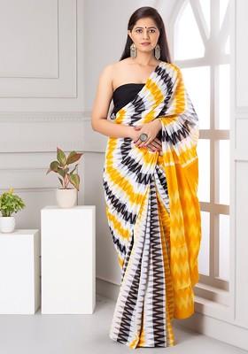Yellow Embroidered Blended Saree Set