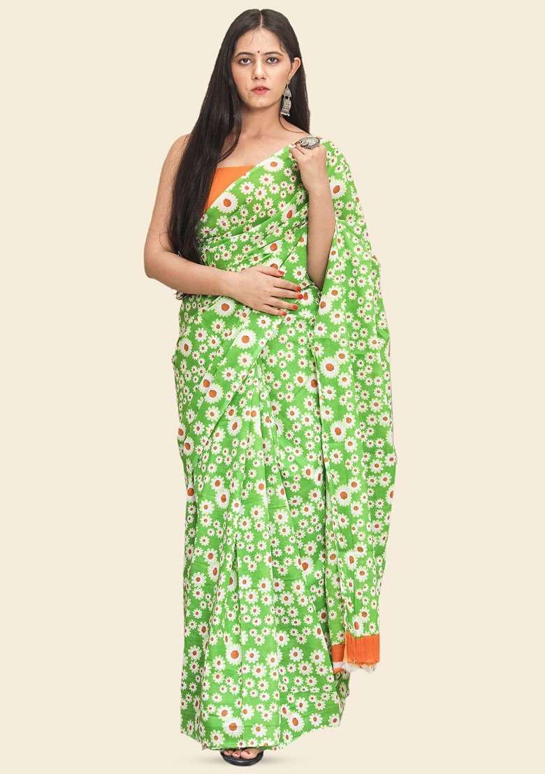 Green Printed Blended Saree Set - Indya
