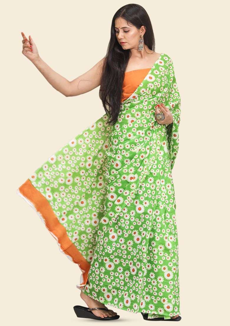 Green Printed Blended Saree Set - Indya