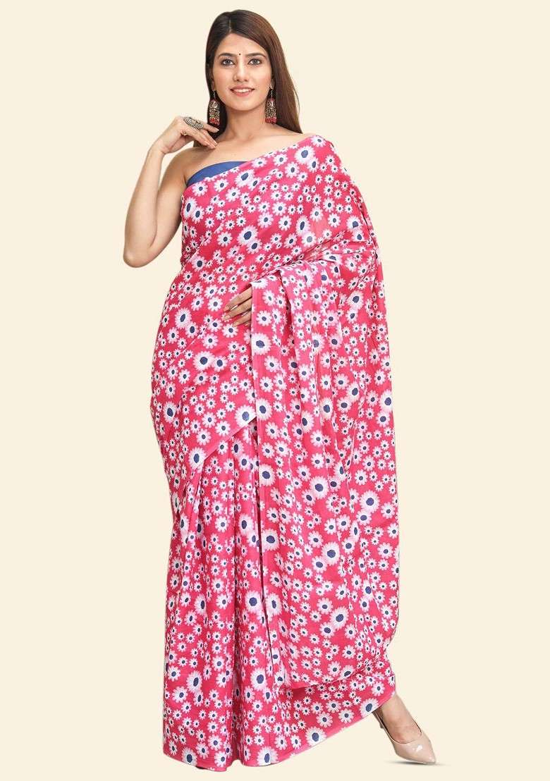 Pink Printed Blended Saree Set - Indya