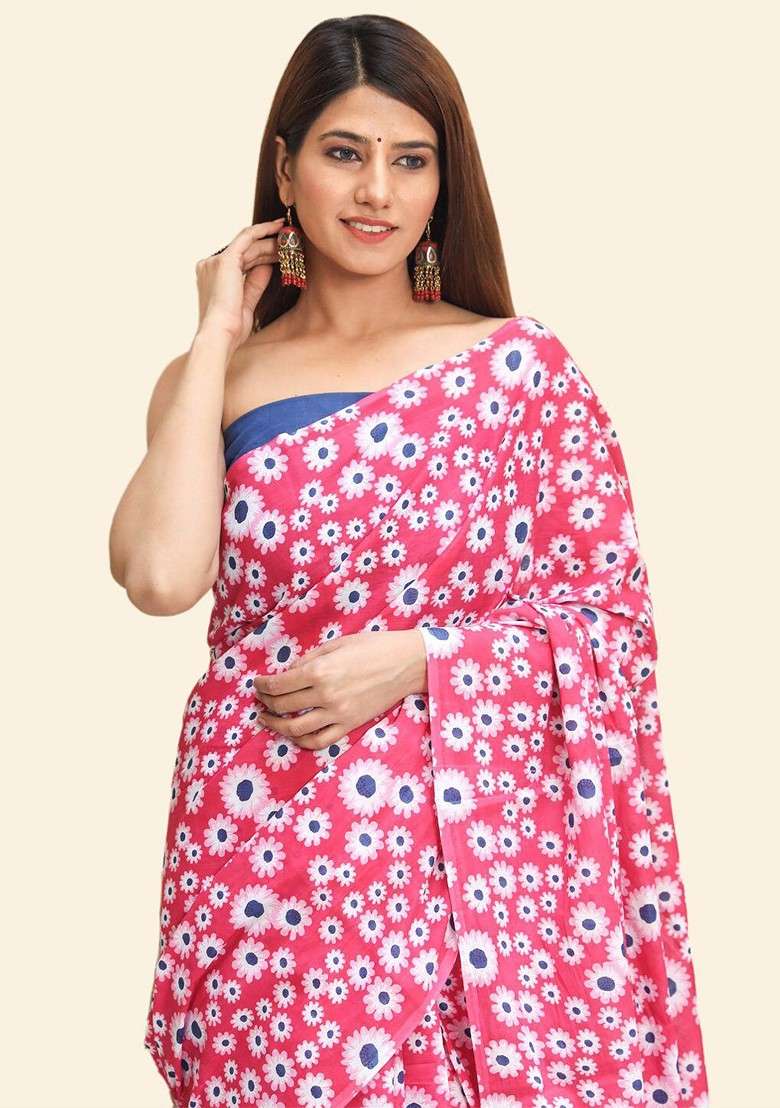 Pink Printed Blended Saree Set - Indya