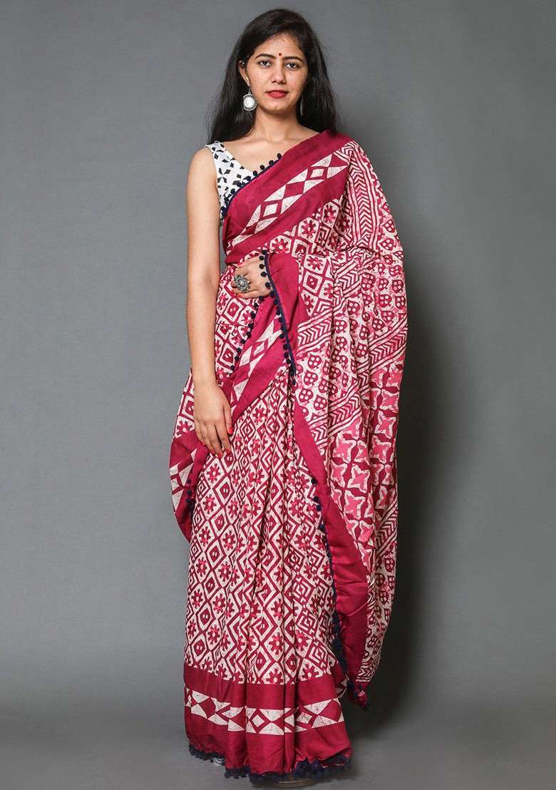 Maroon Embroidered Blended Saree Set - Indya
