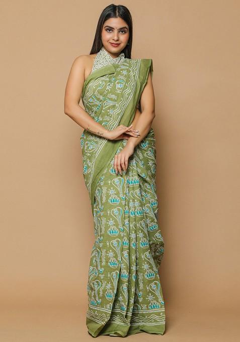Green Printed Blended Saree Set