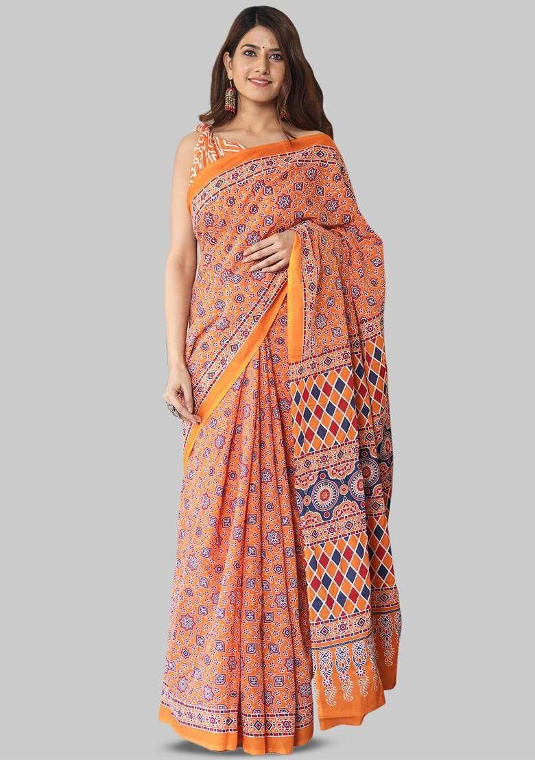 Orange Printed Blended Saree Set - Indya