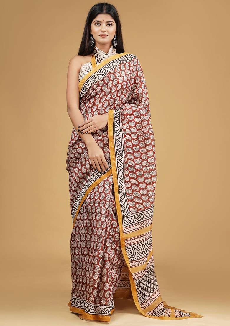 Maroon Printed Blended Saree Set - Indya