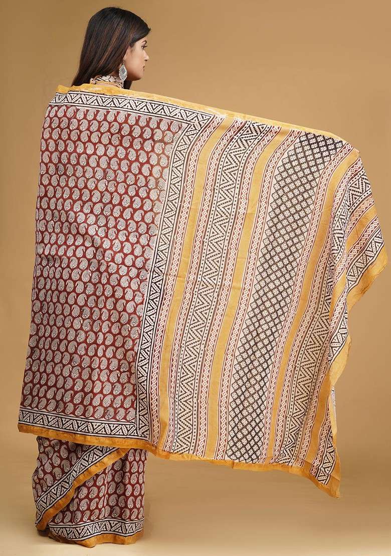 Maroon Printed Blended Saree Set - Indya