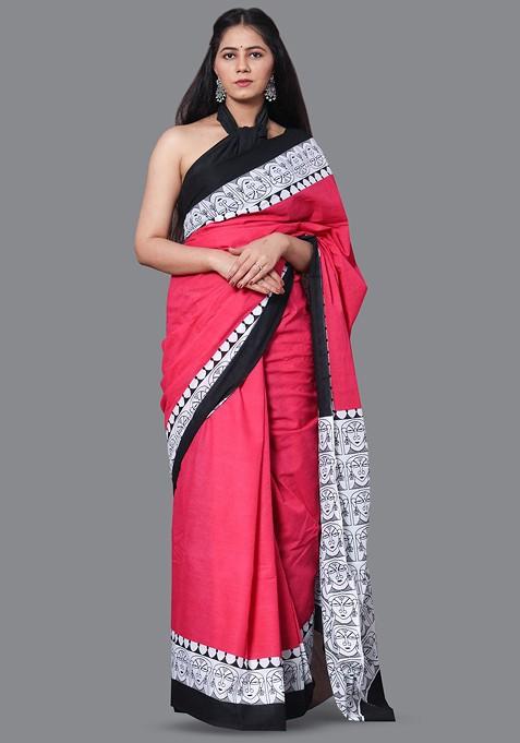 Pink Printed Blended Saree Set