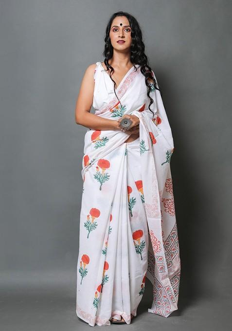 White Printed Blended Saree Set
