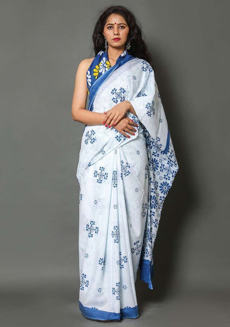 White Printed Blended Saree Set - Indya