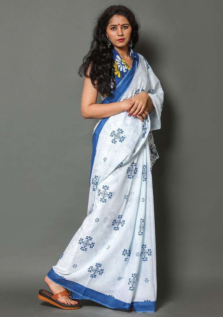 White Printed Blended Saree Set - Indya