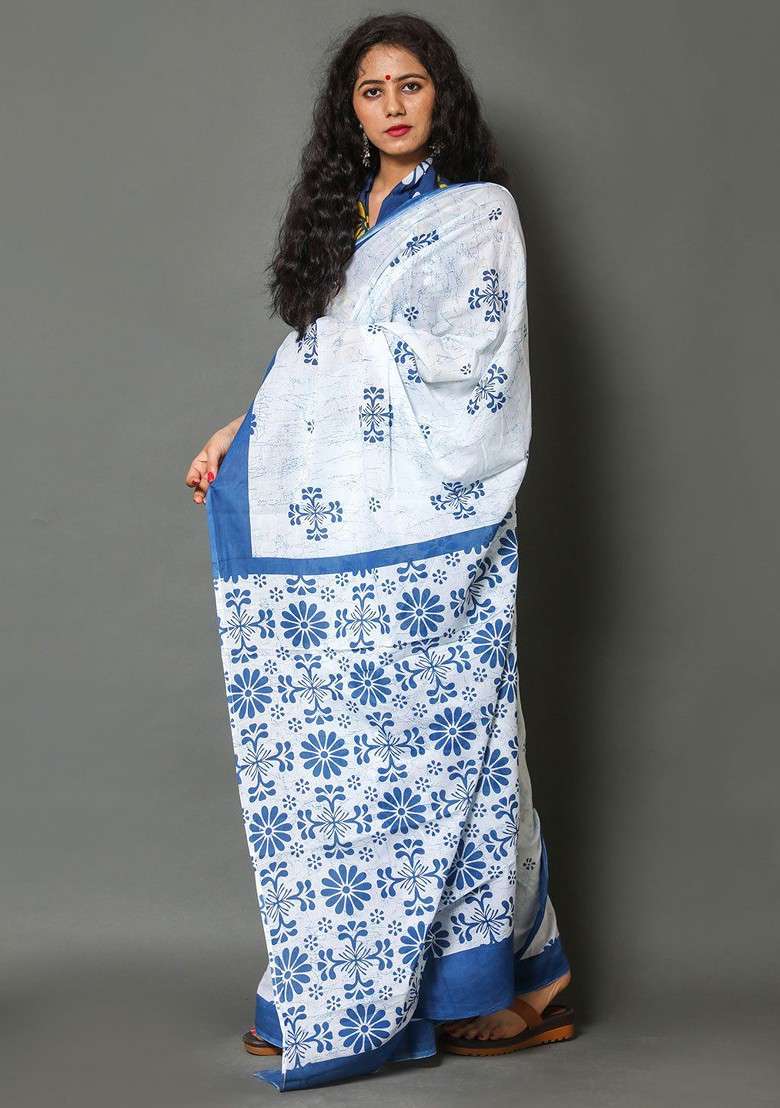 White Printed Blended Saree Set - Indya