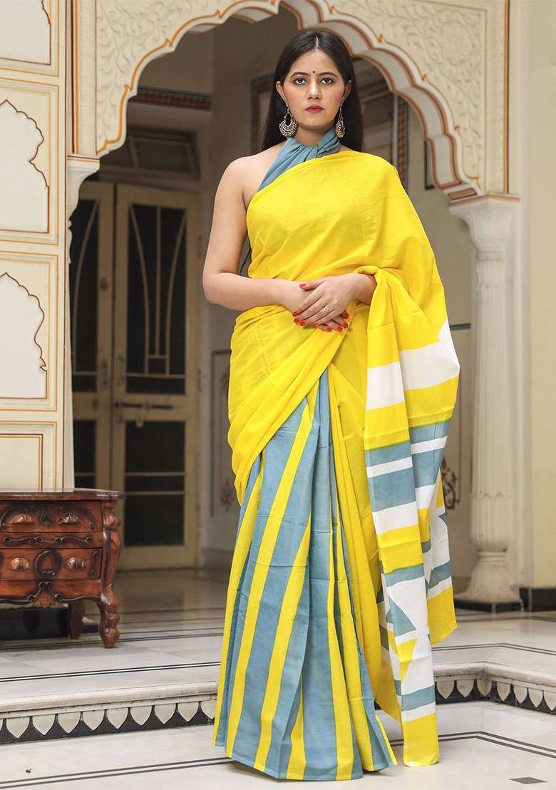 Yellow Embroidered Blended Saree Set - Indya
