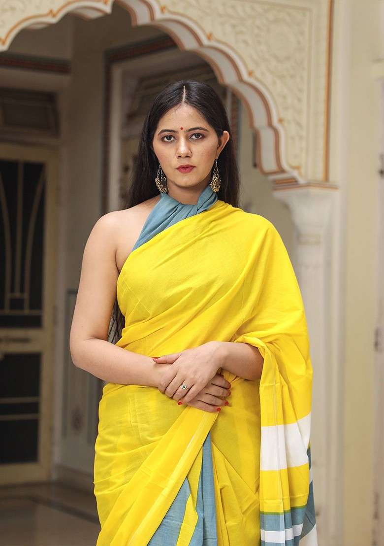 Yellow Embroidered Blended Saree Set - Indya