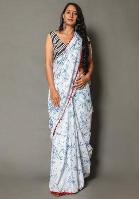 White Printed Blended Saree Set