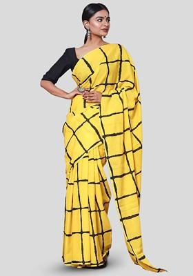 Yellow Printed Blended Saree Set
