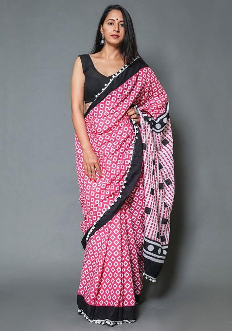 Pink Embroidered Blended Saree Set
