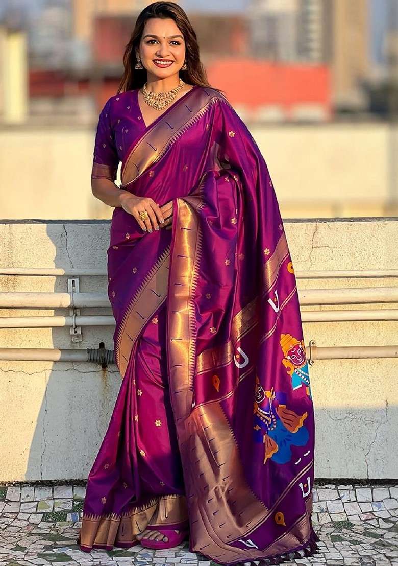 Magenta Printed Blended Saree Set for Diwali and Festive Wear - Indya
