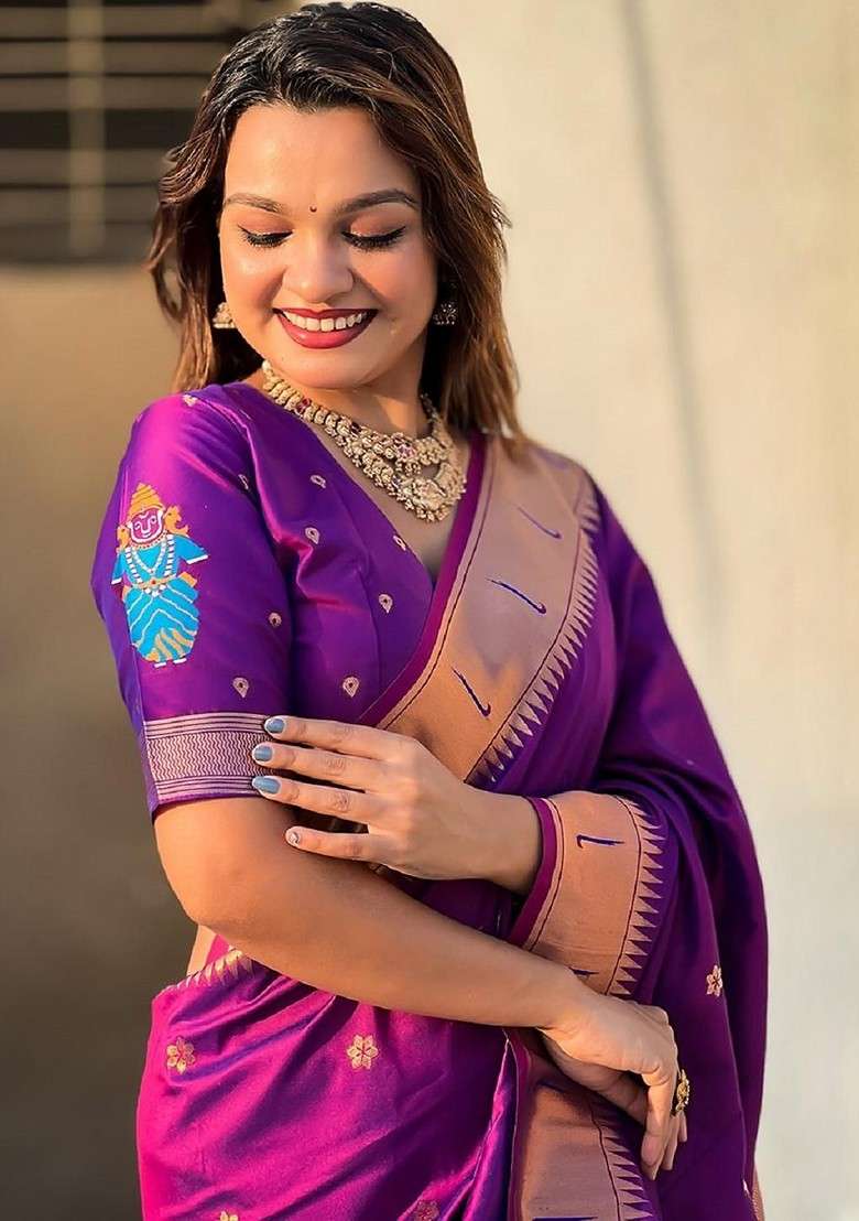 Magenta Printed Blended Saree Set for Diwali and Festive Wear - Indya
