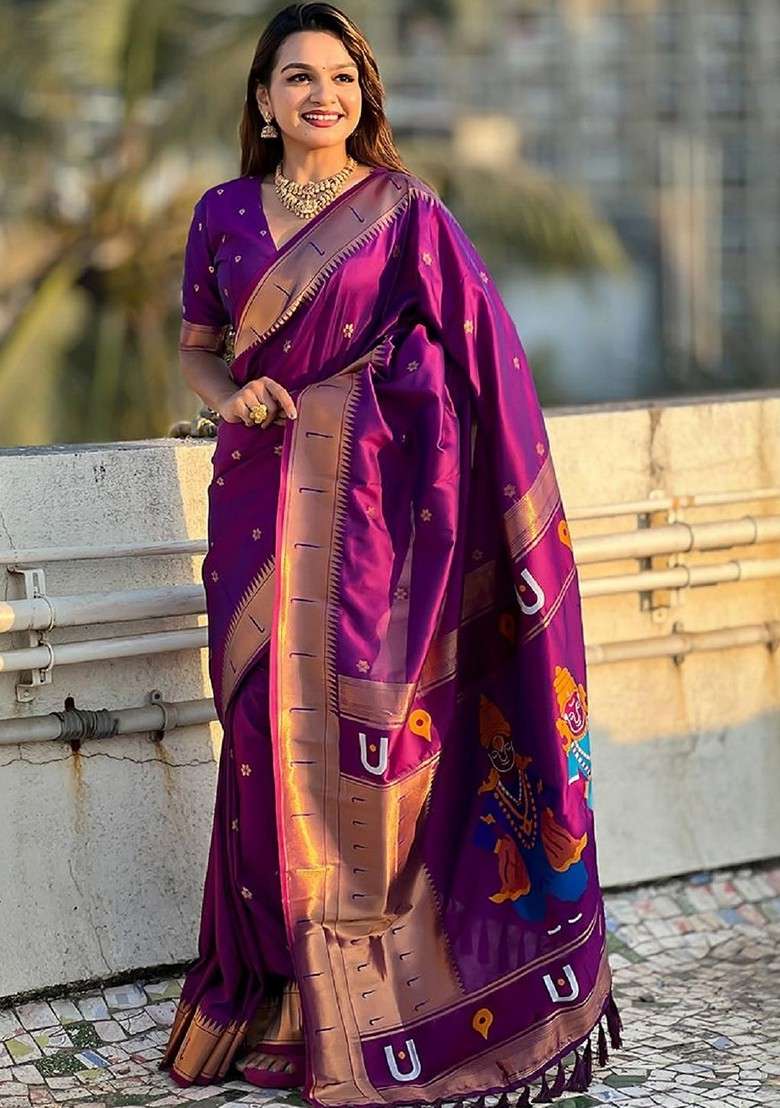 Magenta Printed Blended Saree Set for Diwali and Festive Wear - Indya