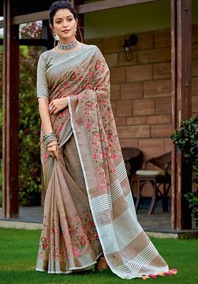 Beige Printed Blended Saree Set