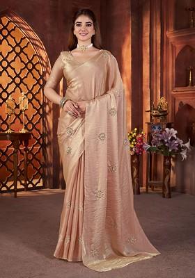 Cream Embroidered Blended Saree Set