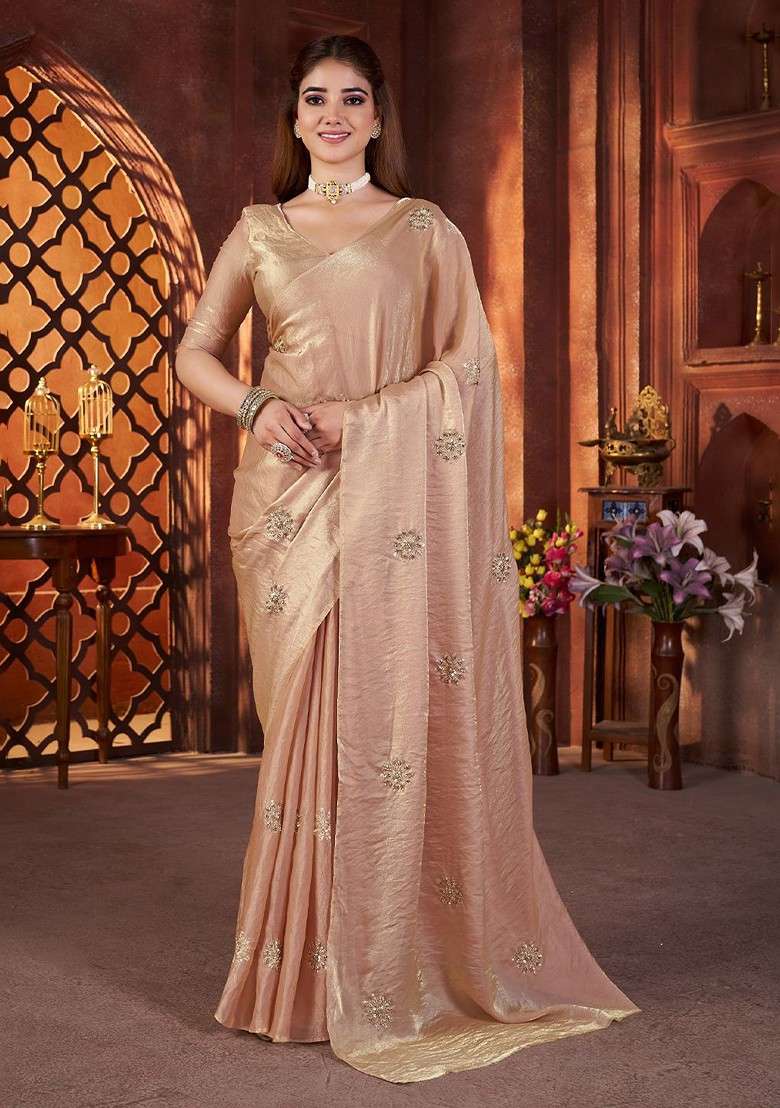 Cream Blended Saree Set with Embroidered for Diwali | Wedding & Festive Wear - Indya