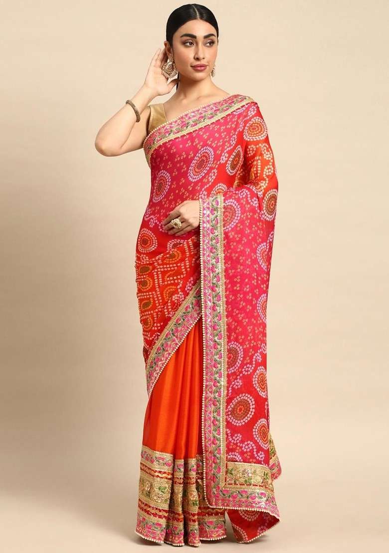 Orange Blended Saree Set with Printed for Diwali | Wedding & Festive Wear - Indya