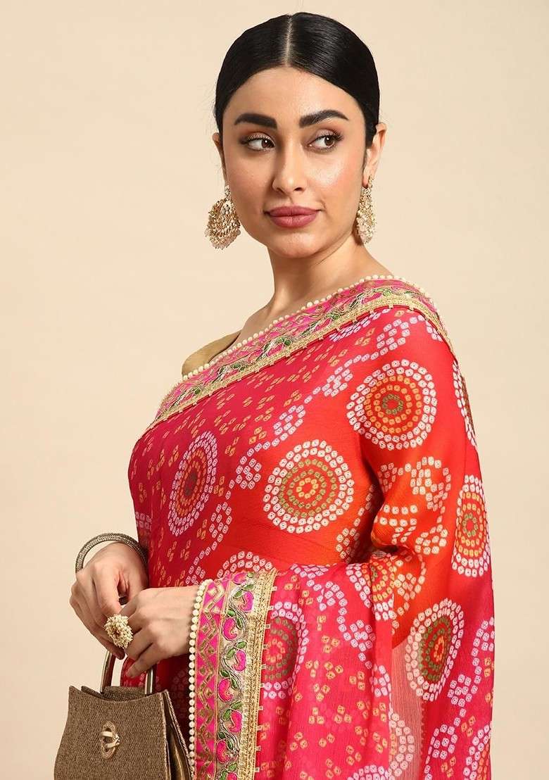 Orange Blended Saree Set with Printed for Diwali | Wedding & Festive Wear - Indya