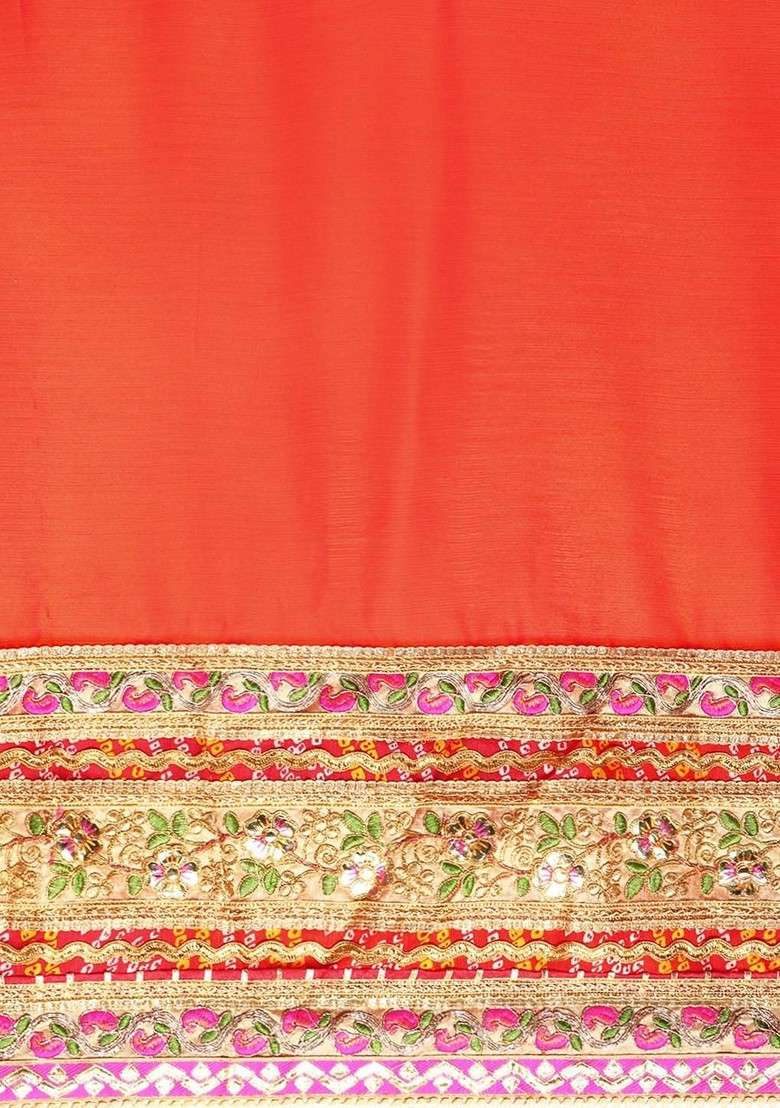 Orange Blended Saree Set with Printed for Diwali | Wedding & Festive Wear - Indya