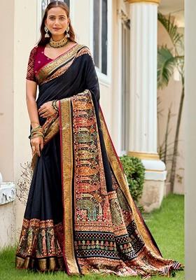 Navy Blue Embroidered Blended Saree Set