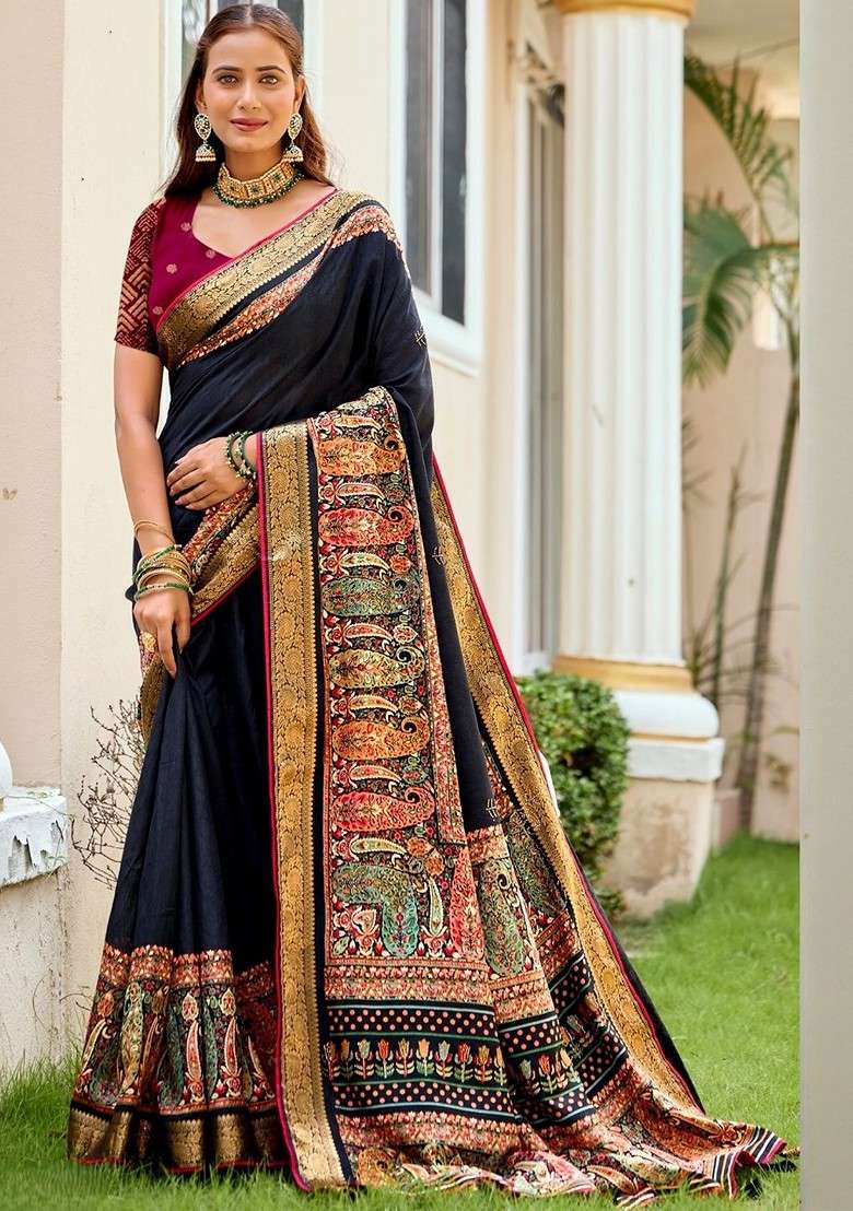 Navy Blue Blended Saree Set with Embroidered for Diwali | Wedding & Festive Wear - Indya