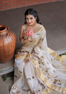 Cream Embroidered Blended Saree Set