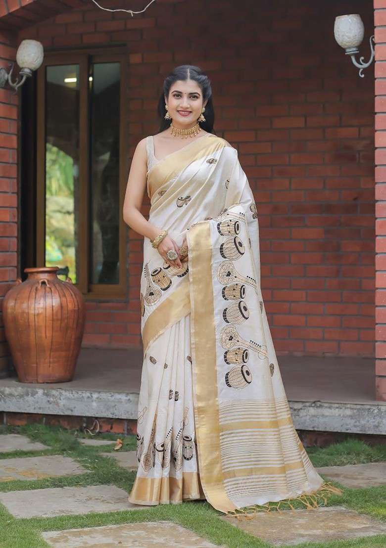 Cream Embroidered Blended Saree Set - Indya