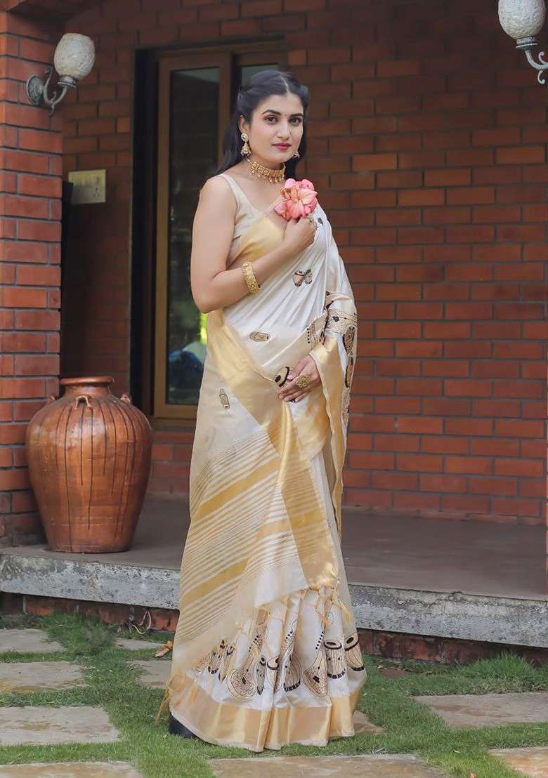Cream Embroidered Blended Saree Set - Indya