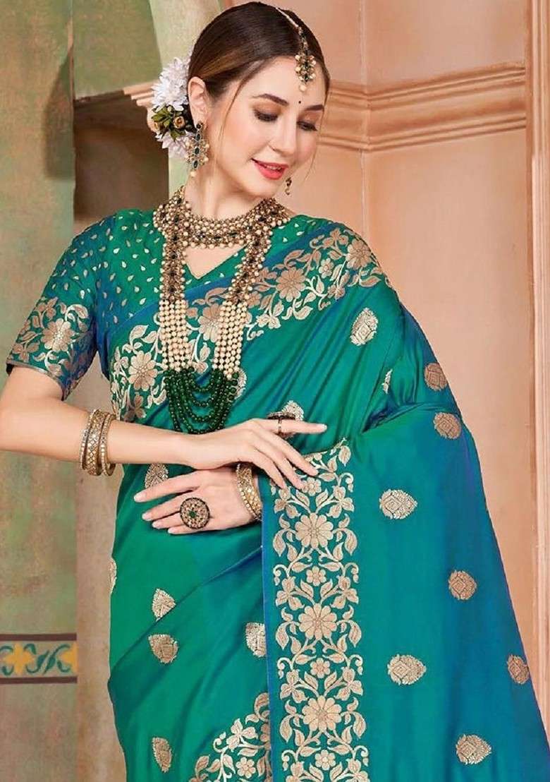 Green Embellished Blended Saree Set for Diwali | Wedding & Festive Wear - Indya