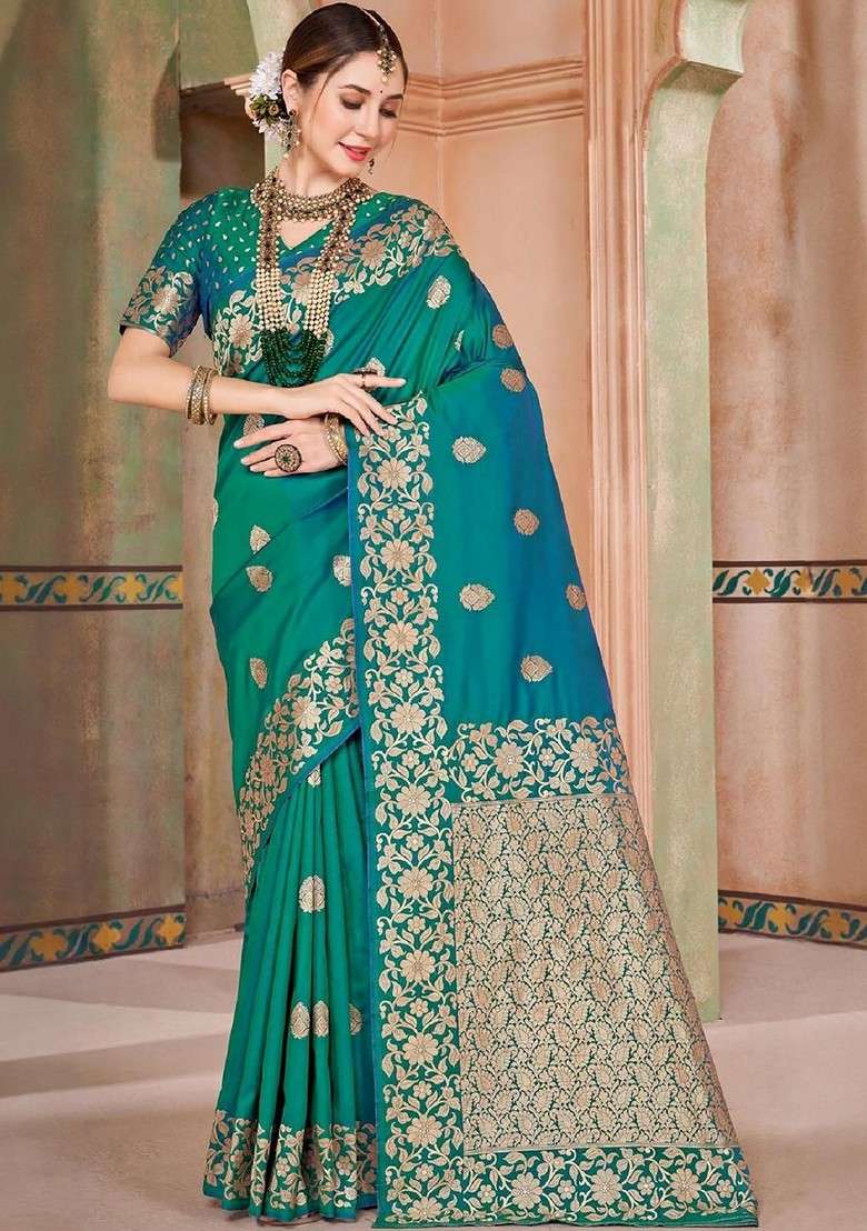 Green Embellished Blended Saree Set for Diwali | Wedding & Festive Wear - Indya