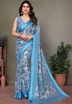 Blue Embroidered Blended Saree Set