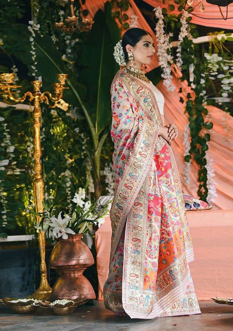 Cream Embroidered Blended Saree Set for Diwali and Festive Wear - Indya