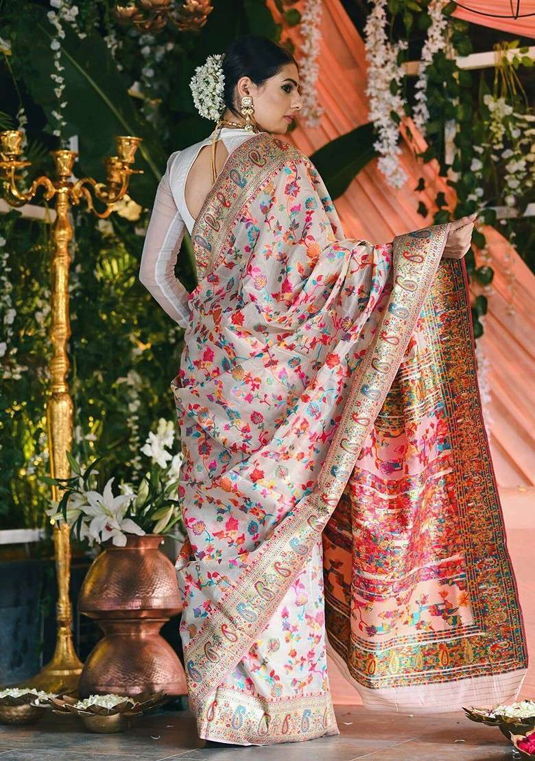 Cream Embroidered Blended Saree Set for Diwali and Festive Wear - Indya